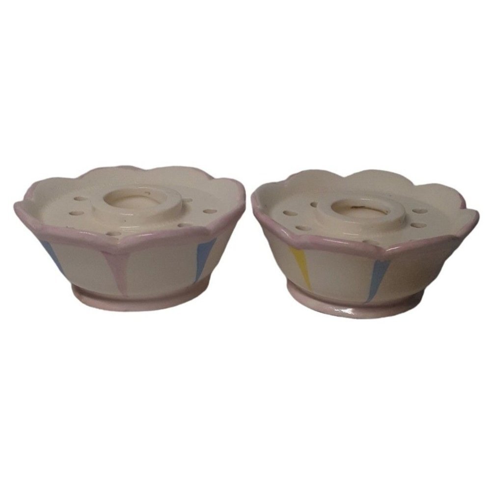 Holt Howard Candlestick Holders Mid Century Flower Frog Pastel Stripe 1958